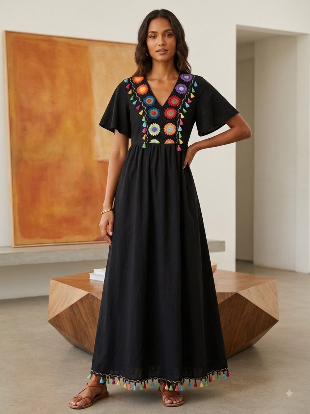 SHEIN Black Maxi Dress with Multicolor Embroidered V-Neck and Tassels
